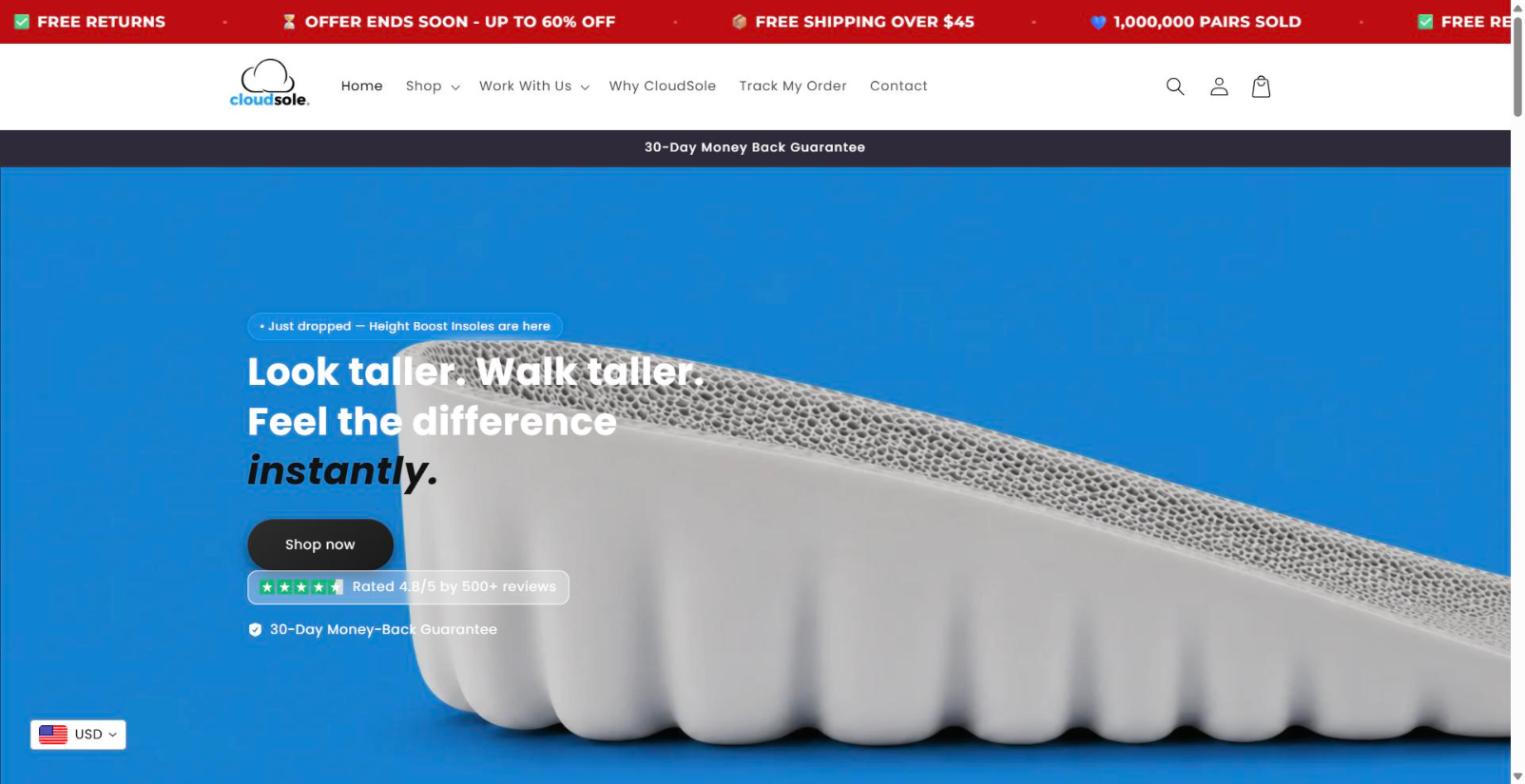 shopcloudsole.com Shopify store homepage: height boost insoles, October 2026