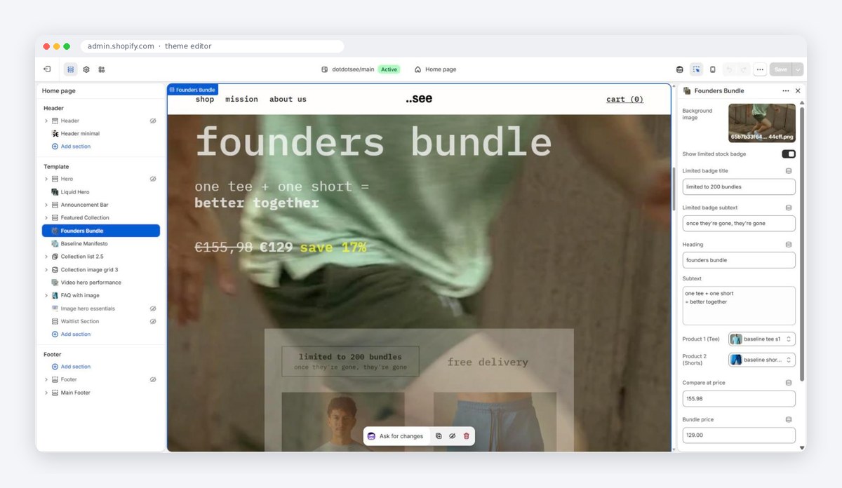 Founders bundle section in the Shopify theme editor: the owner edits text, products and prices himself