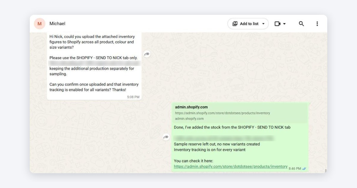 WhatsApp with Michael from ..see: stock uploaded to every variant the same day