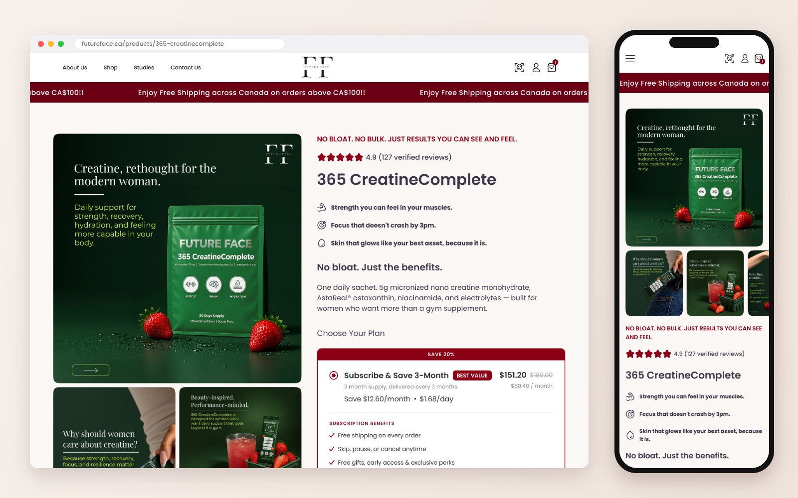 Redesigned 365 CreatineComplete product page for Futureface on desktop and mobile