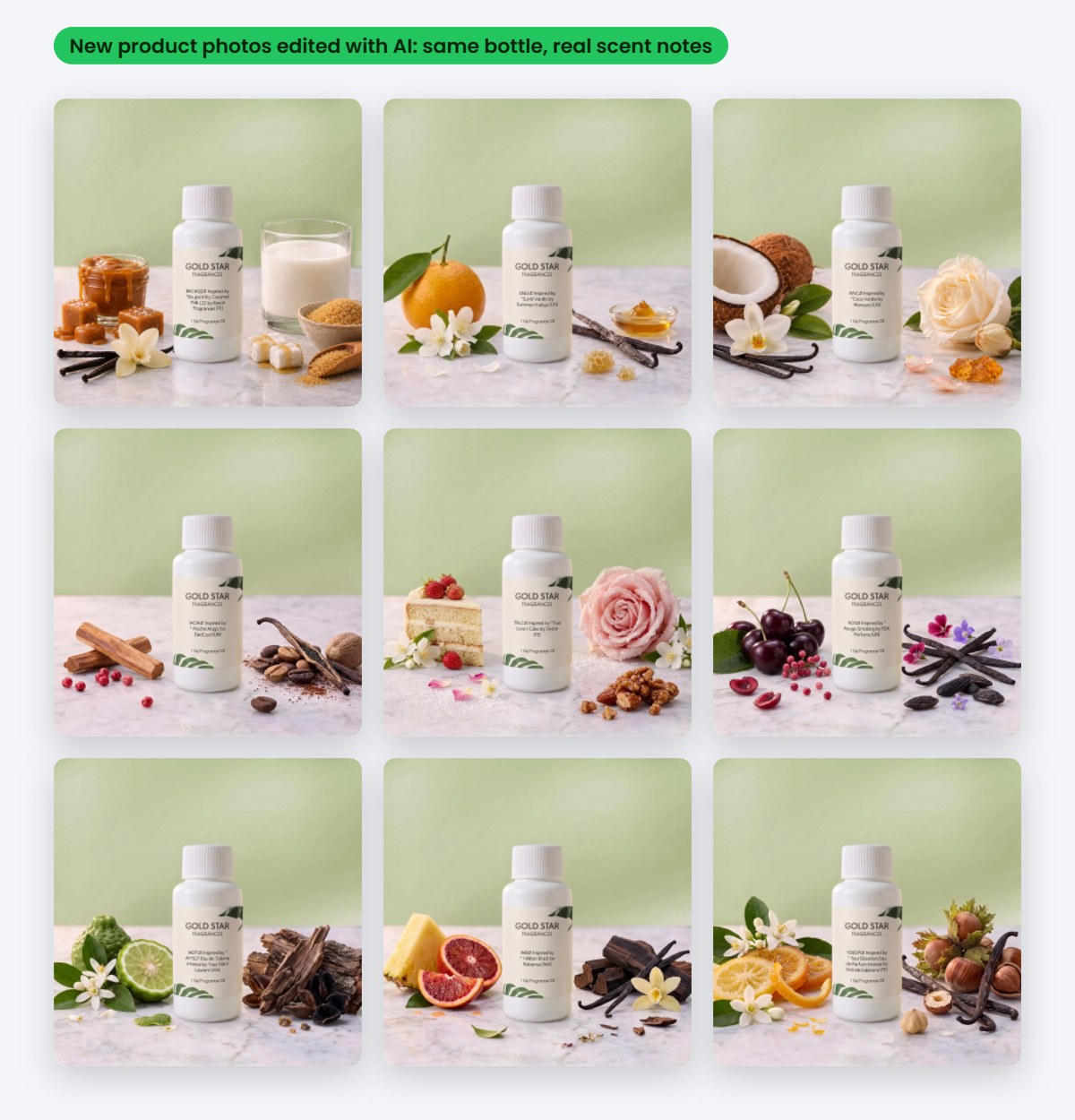 AI-edited product photos for Gold Star Fragrances showing each bottle with its scent notes