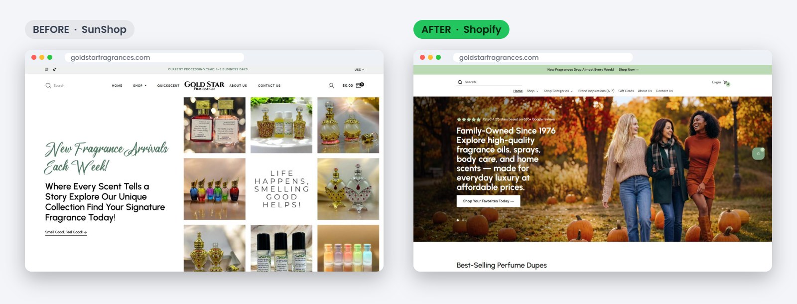 Gold Star Fragrances homepage before on SunShop and after on Shopify