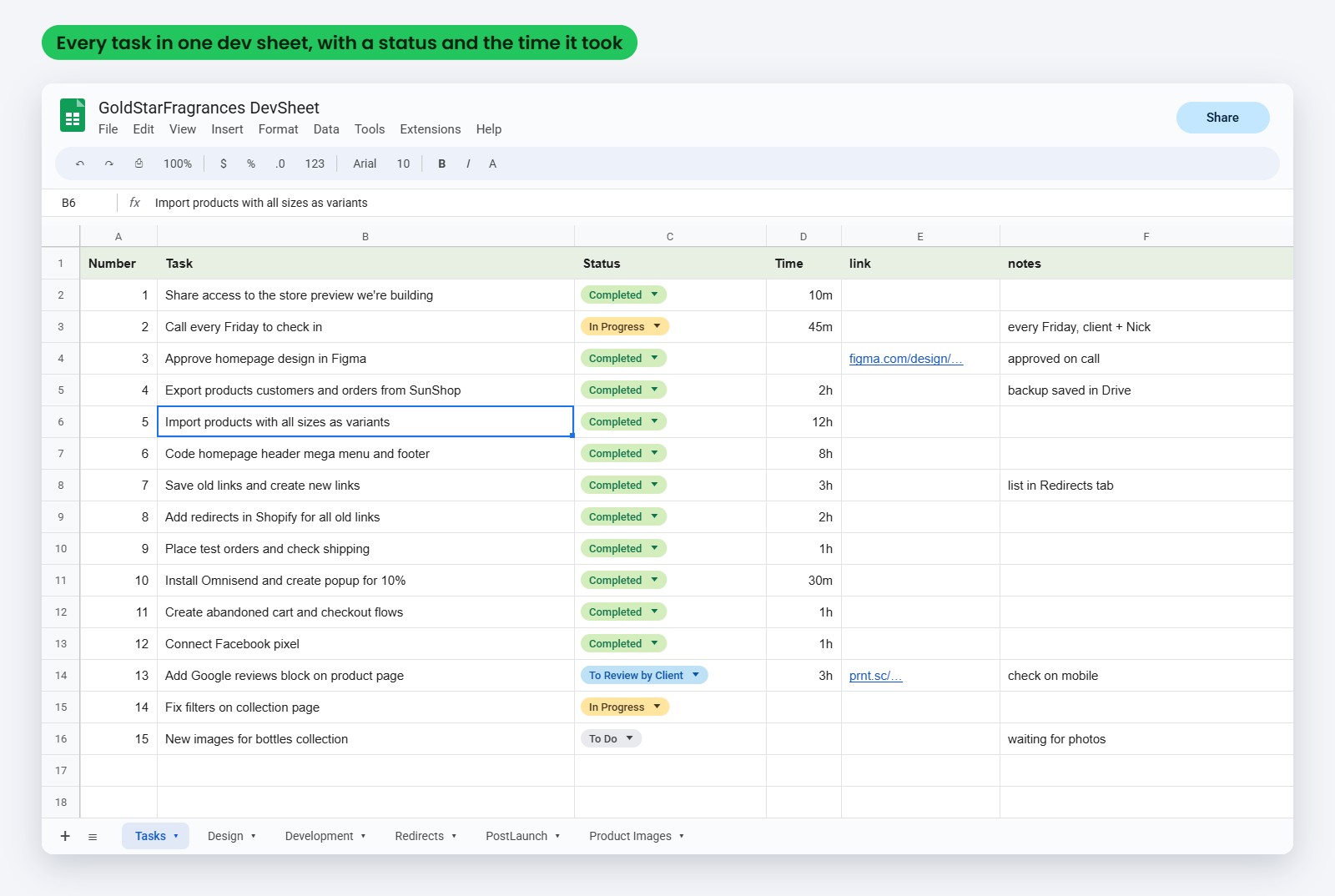 Example of the EcomRolodex dev sheet in Google Sheets with every task, status and time