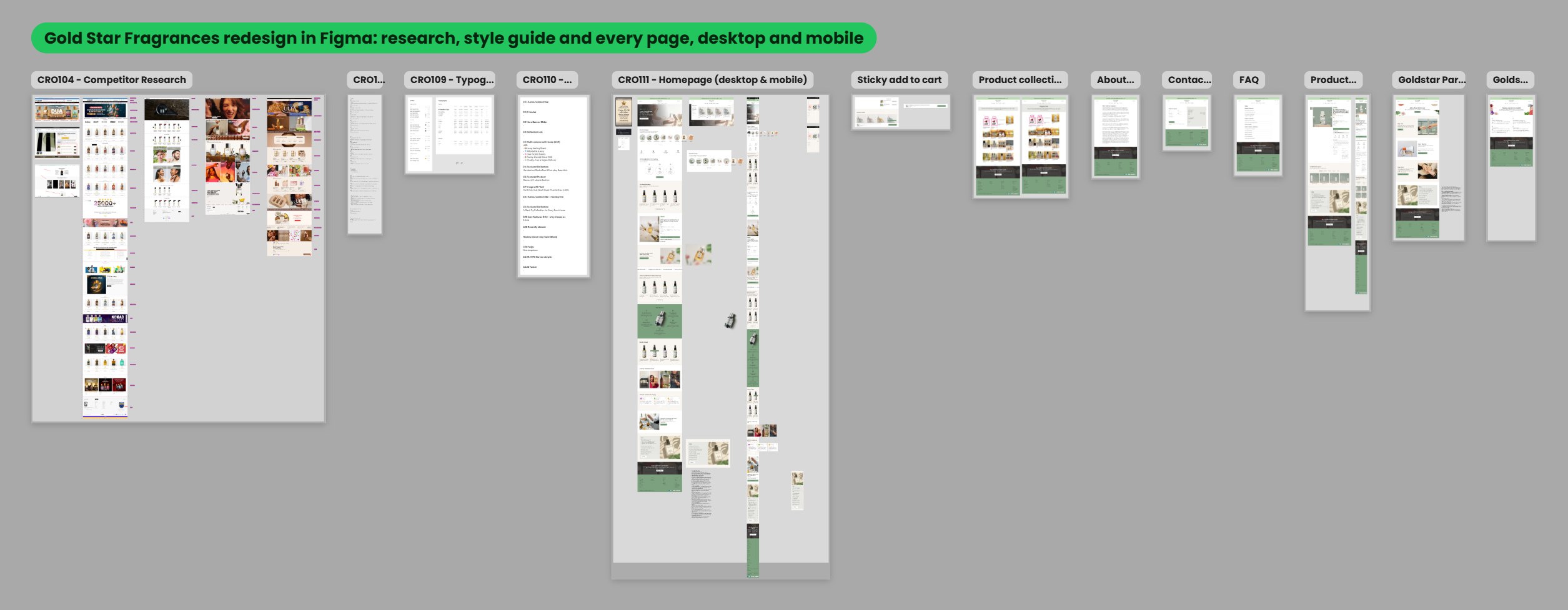 Zoomed-out view of the Gold Star Fragrances redesign in Figma
