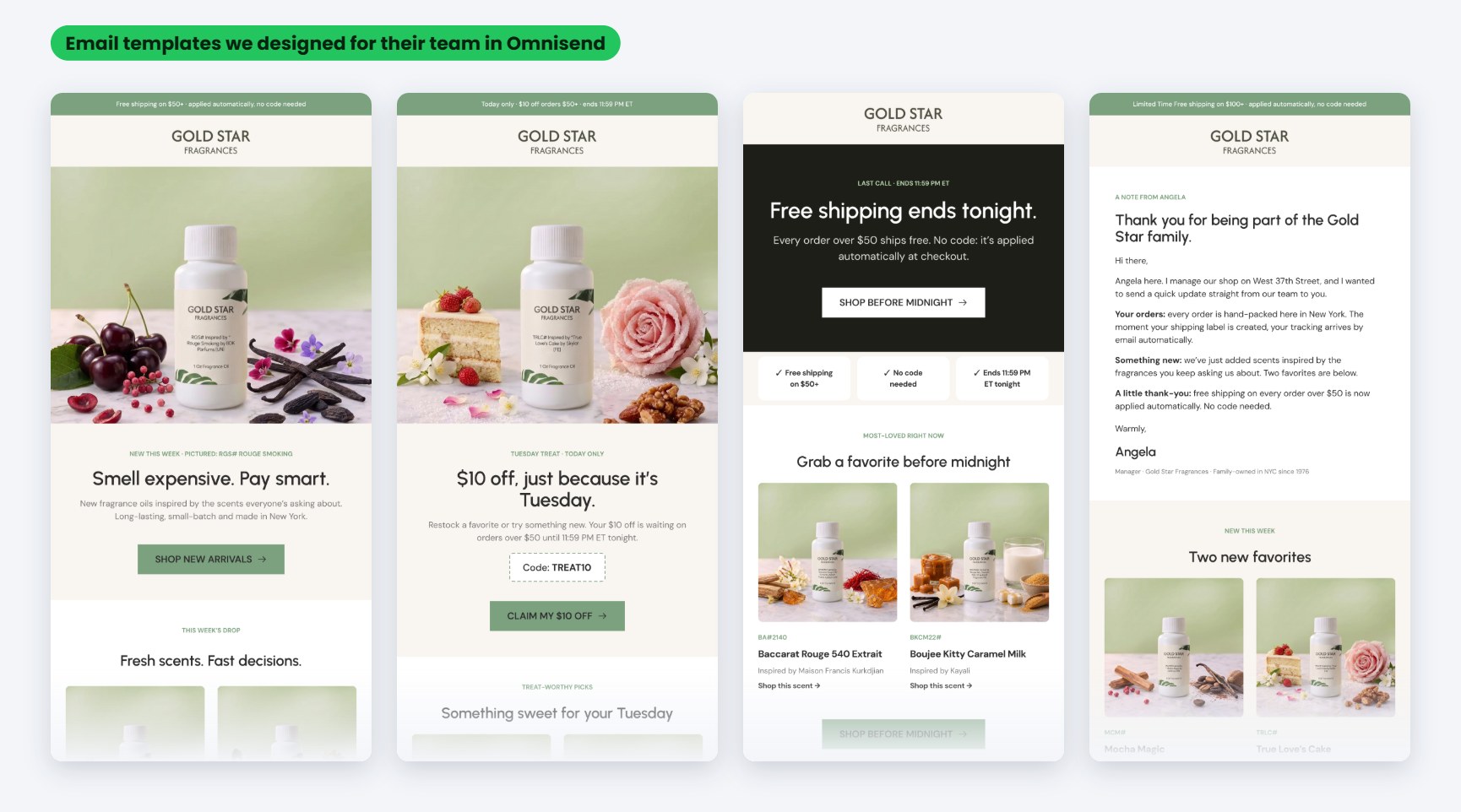 Omnisend email templates designed for Gold Star Fragrances