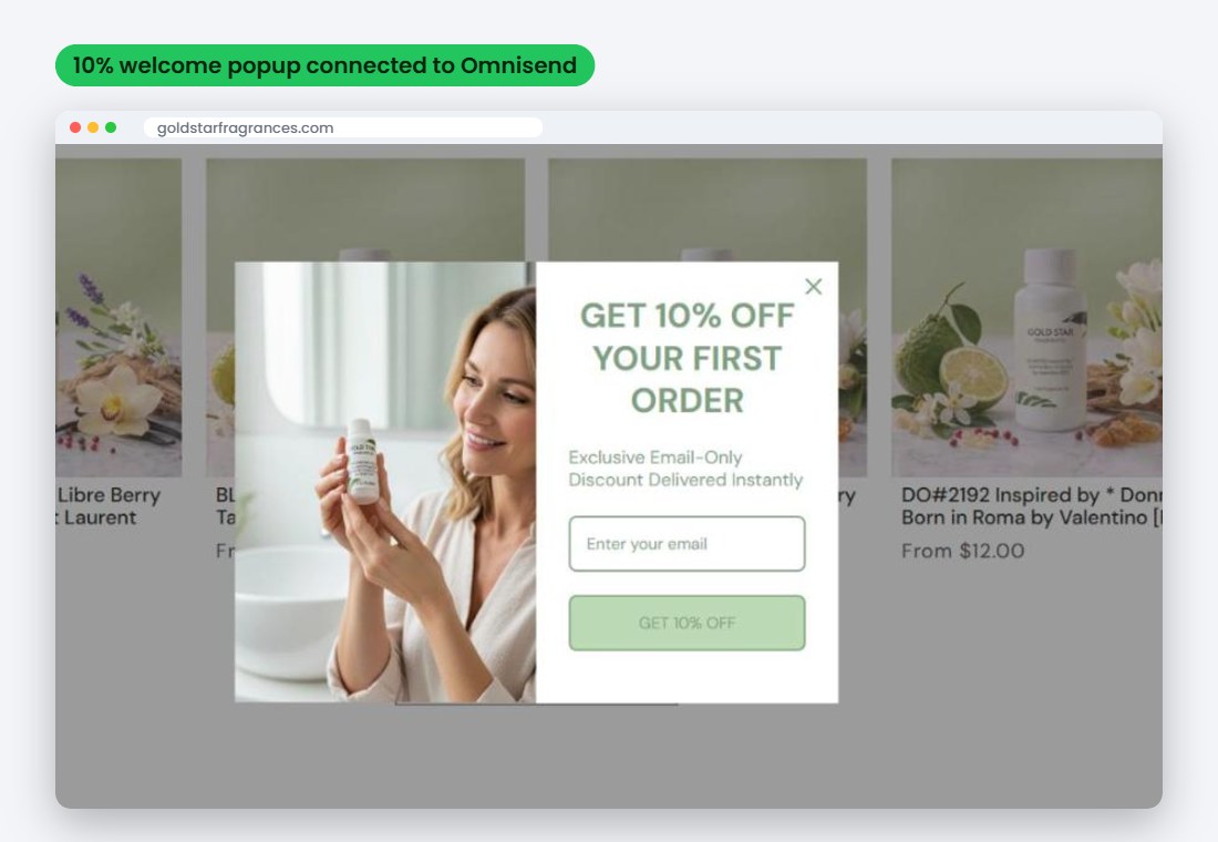 10% welcome popup on Gold Star Fragrances connected to Omnisend