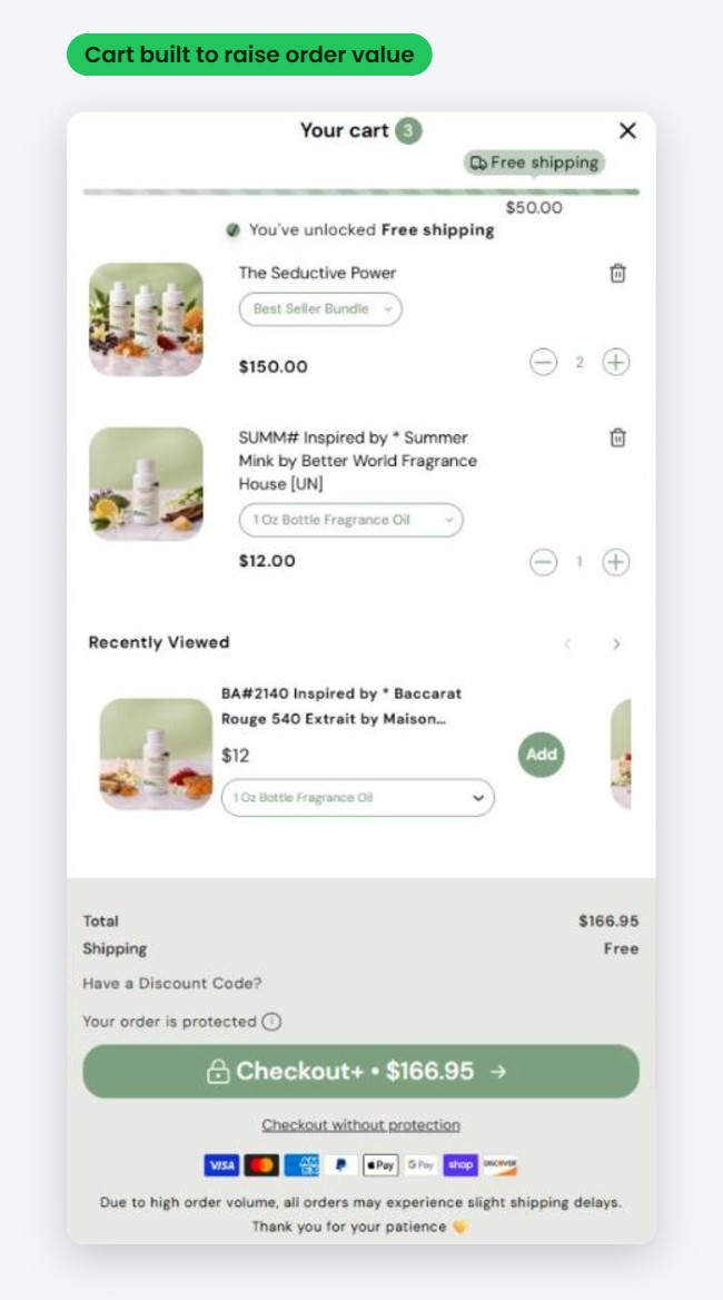 Gold Star Fragrances Shopify cart drawer with free shipping progress bar, bundle and recently viewed products