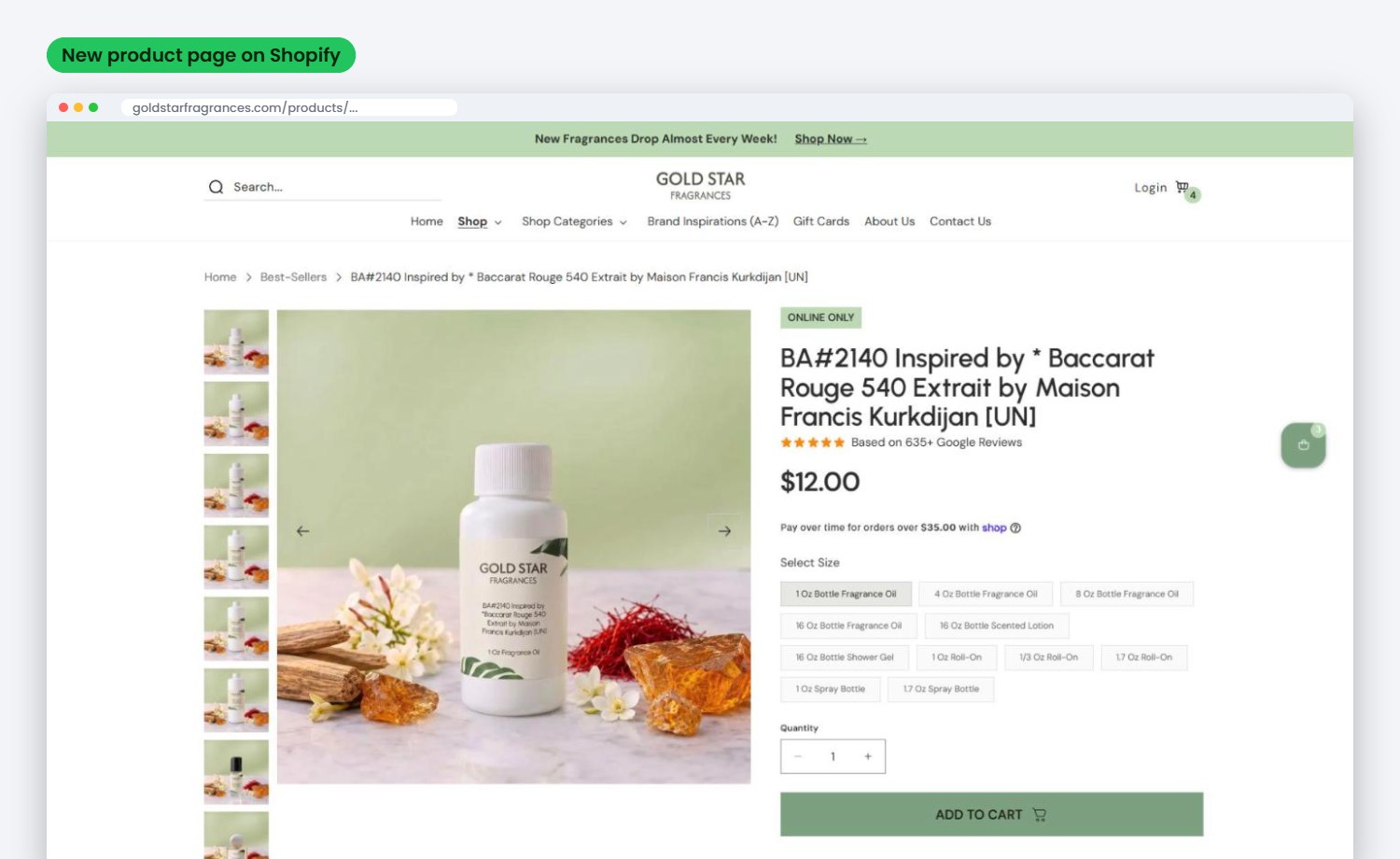 Gold Star Fragrances new Shopify product page with size options and Google reviews