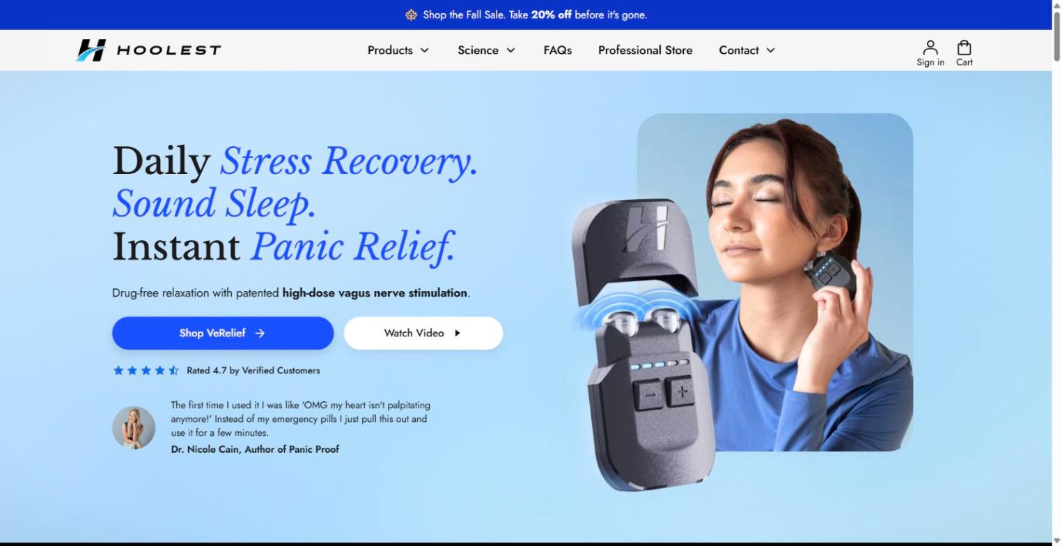 hoolest.com Shopify store homepage: vagus nerve stress relief device, October 2026
