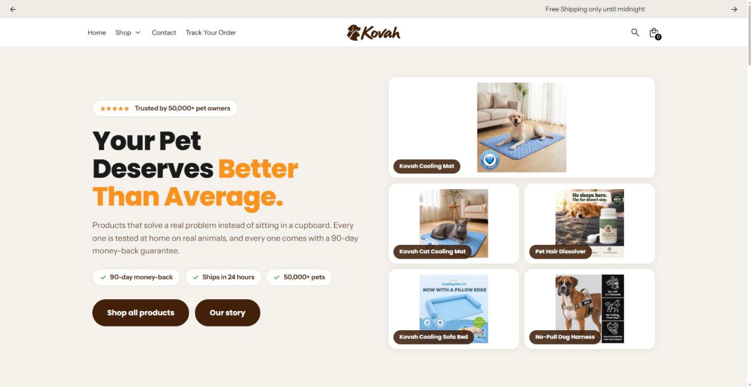 get-kovah.com Shopify store homepage: dog cooling mat, October 2026
