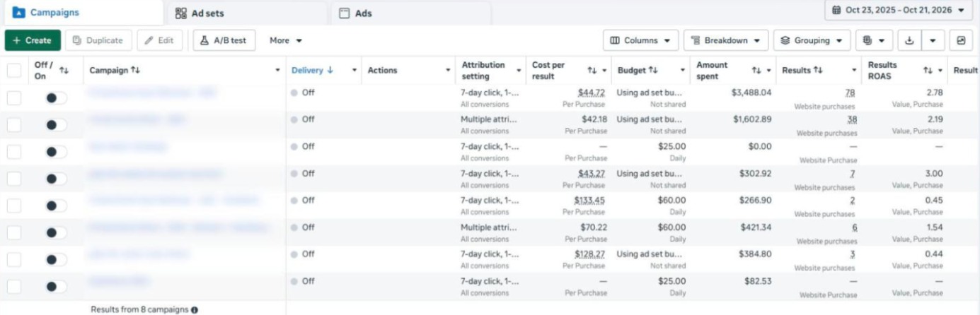 Meta Ads Manager: cold traffic campaigns with purchases, cost per purchase and ROAS, campaign names hidden