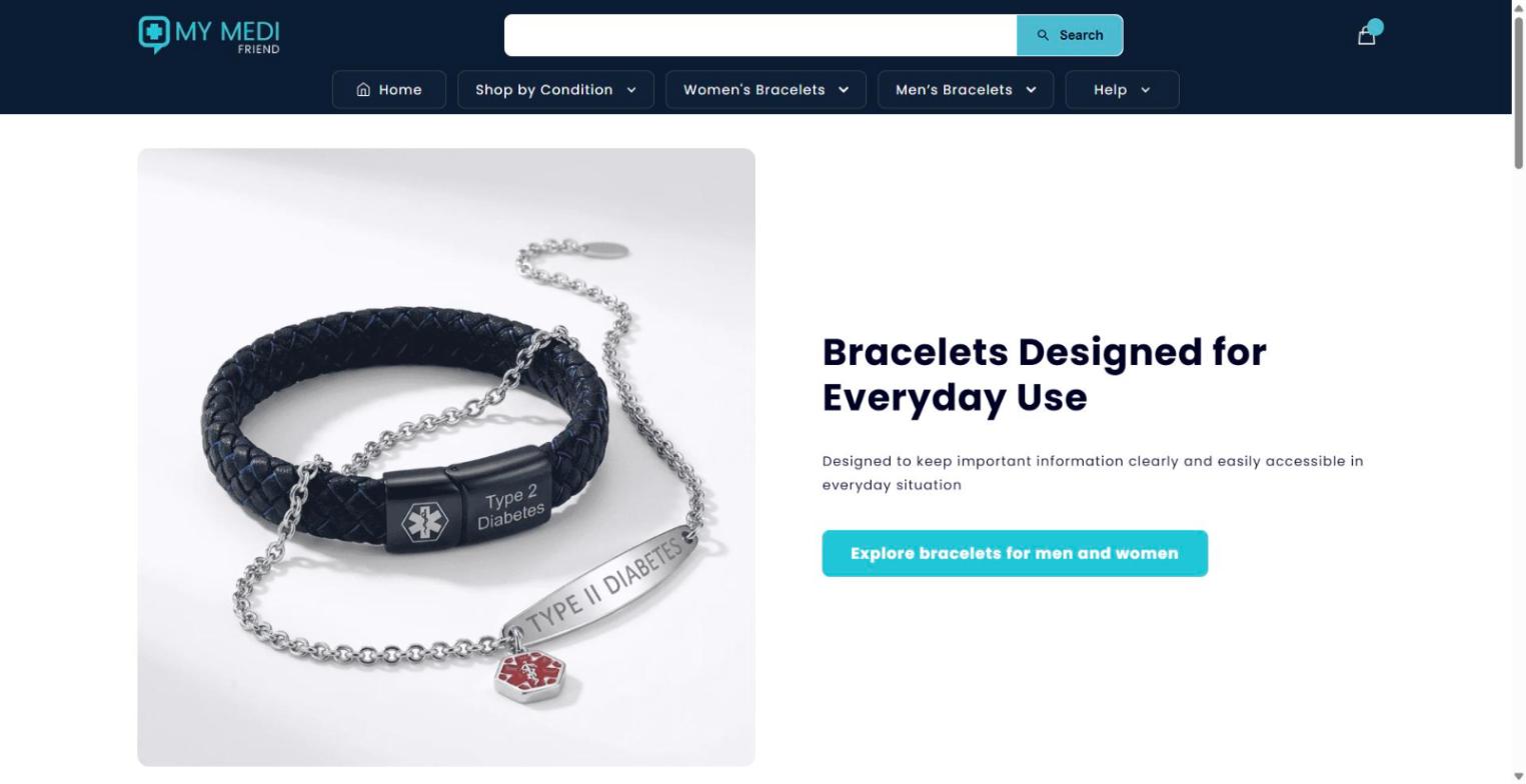 mymedifriend.com Shopify store homepage: medical ID bracelets, October 2026