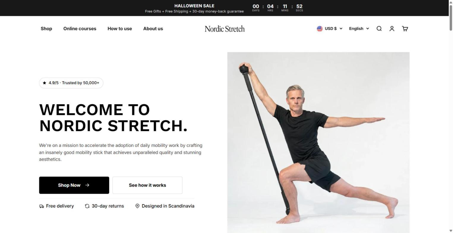 nordicstretch.com Shopify store homepage: mobility stretch stick, October 2026