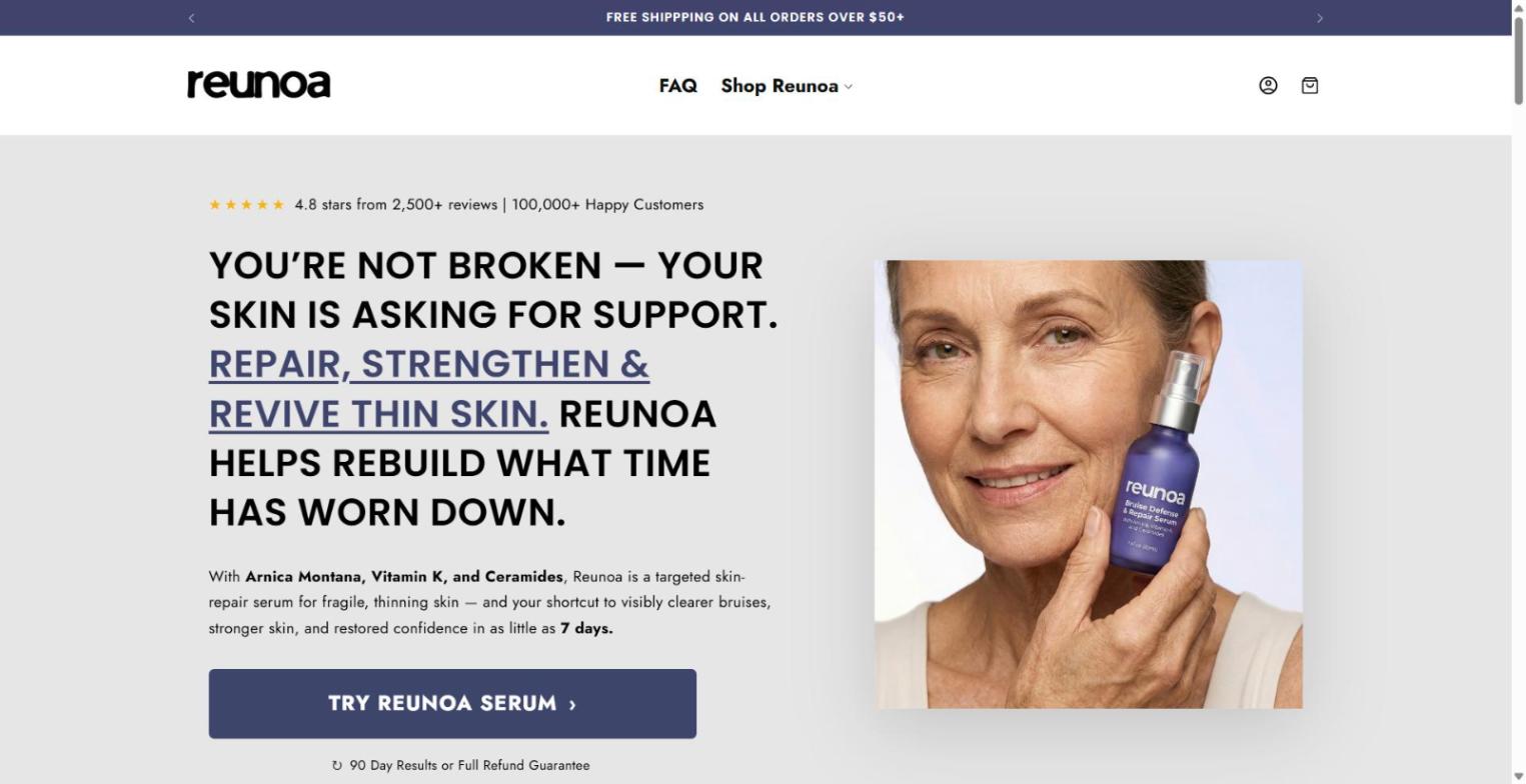 reunoa.com Shopify store homepage: bruise repair serum, October 2026