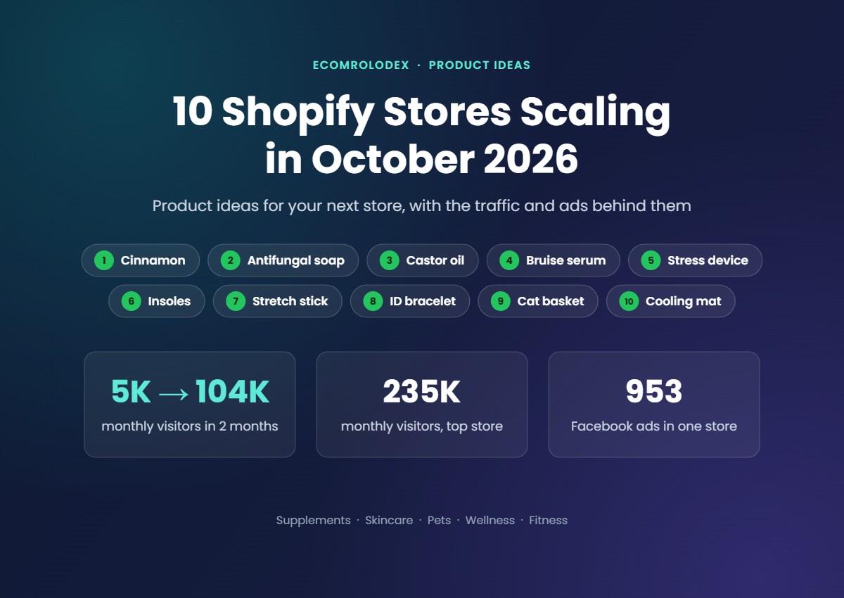 10 Shopify stores scaling in October 2026: product ideas with monthly visitors and Facebook ads