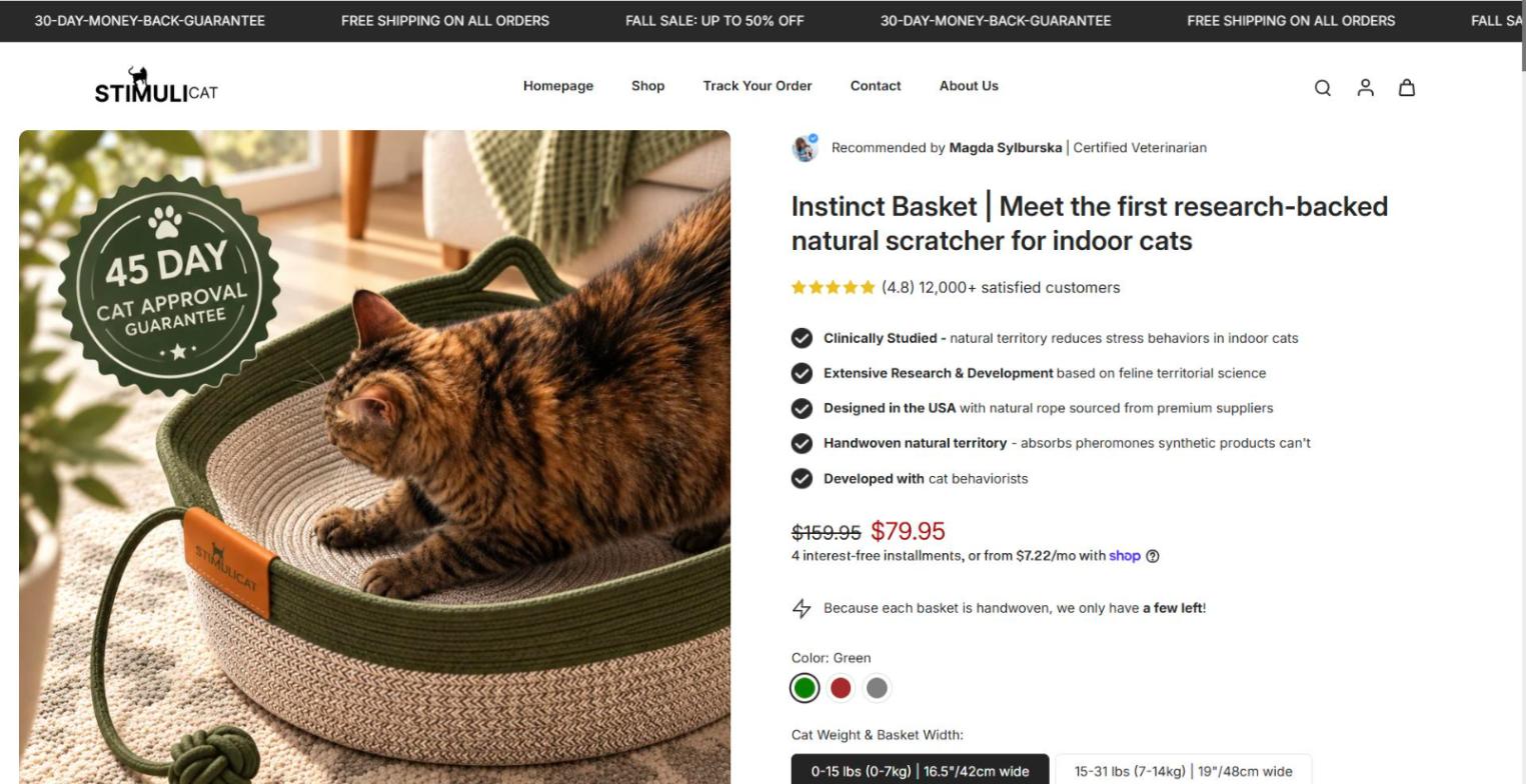 stimulicat.com Shopify store homepage: woven cat basket, October 2026
