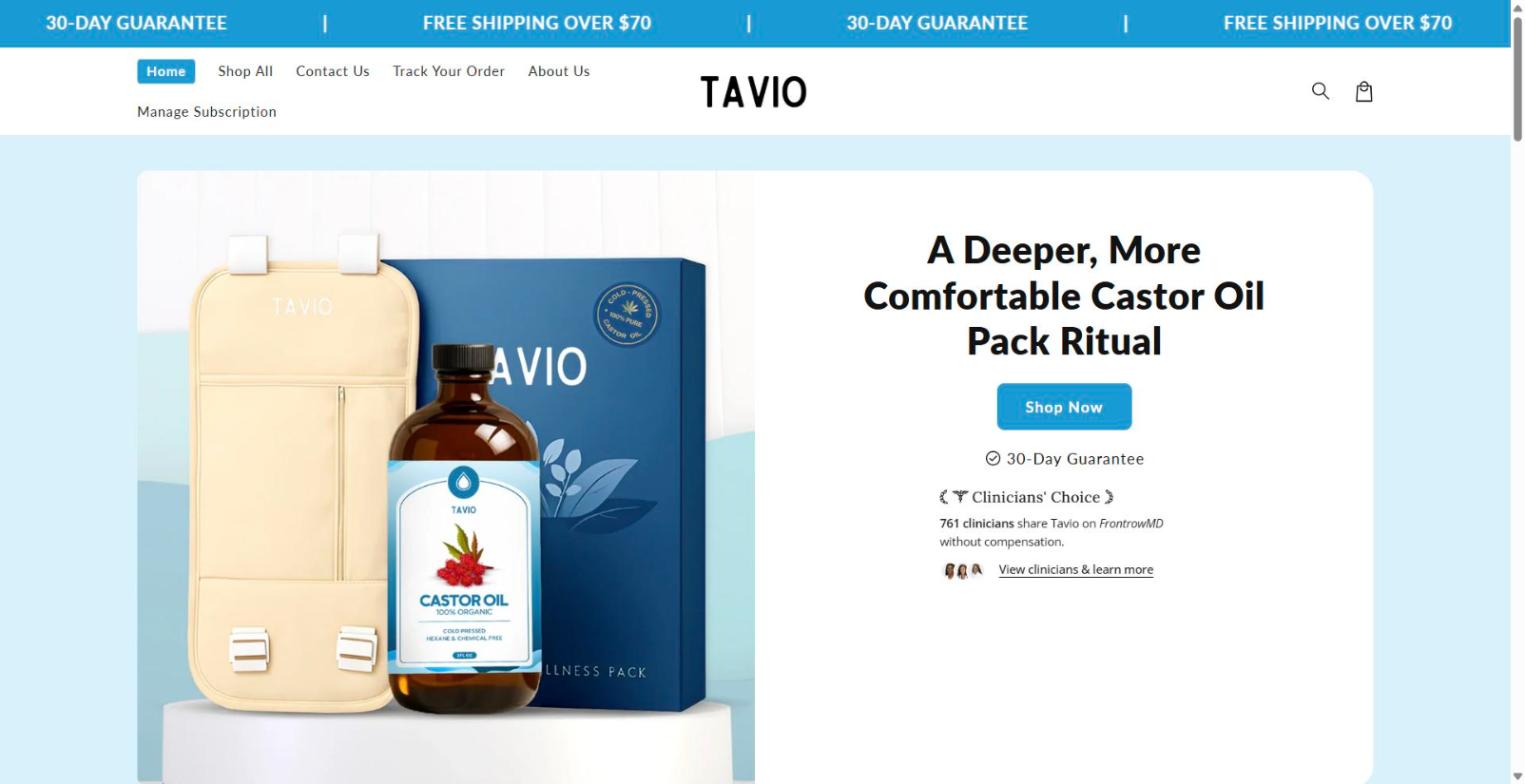 buytavio.com Shopify store homepage: castor oil pack kit, October 2026