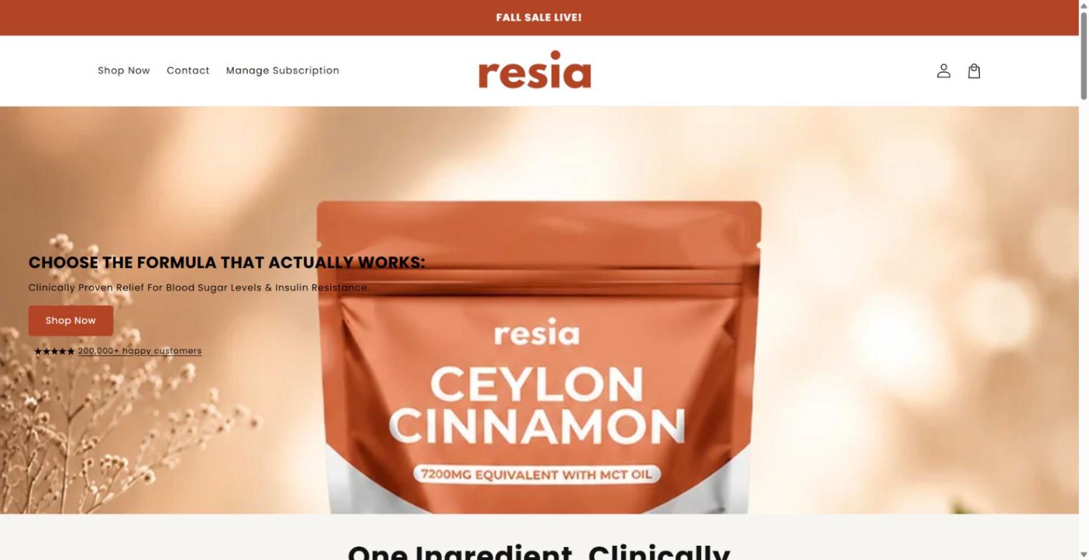 tryresia.com Shopify store homepage: Ceylon cinnamon supplement, October 2026