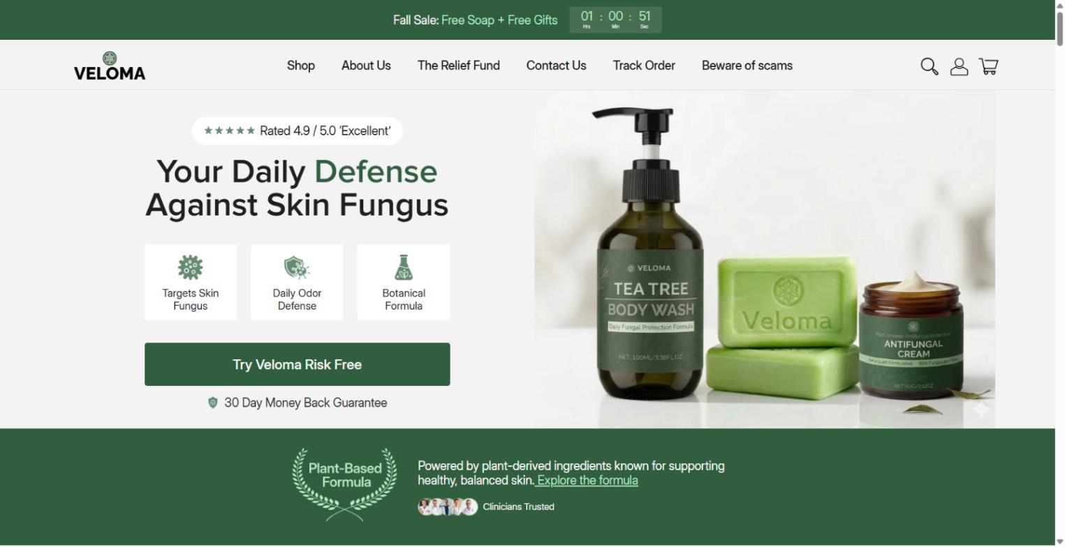 veloma.store Shopify store homepage: antifungal soap and body wash, October 2026